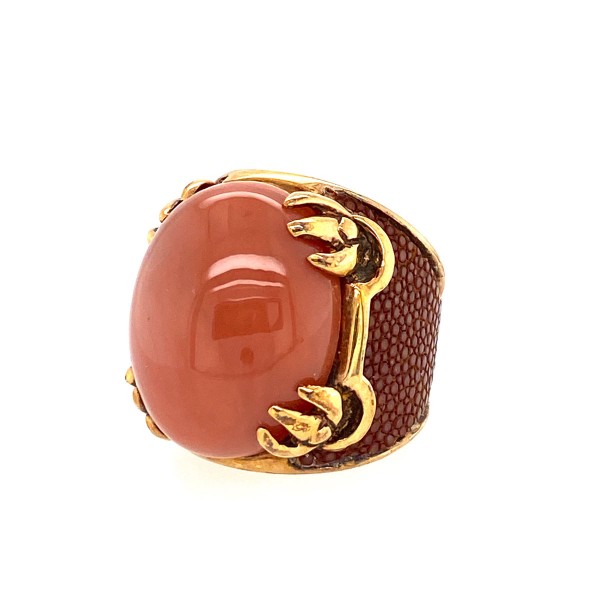 Silver ring gold plated with large brown moonstone and stingray leather in tan @a-cuckoo-moment