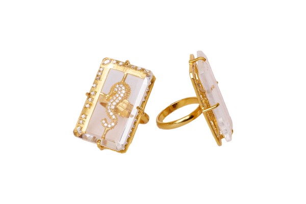 Seahorse ring yellow gold-plated with quartz a-cuckoo-moment