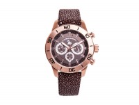 Chronograph watch made of pink gold plated steel with copper brown clock face Shagreen tan a-cuckoo-moment