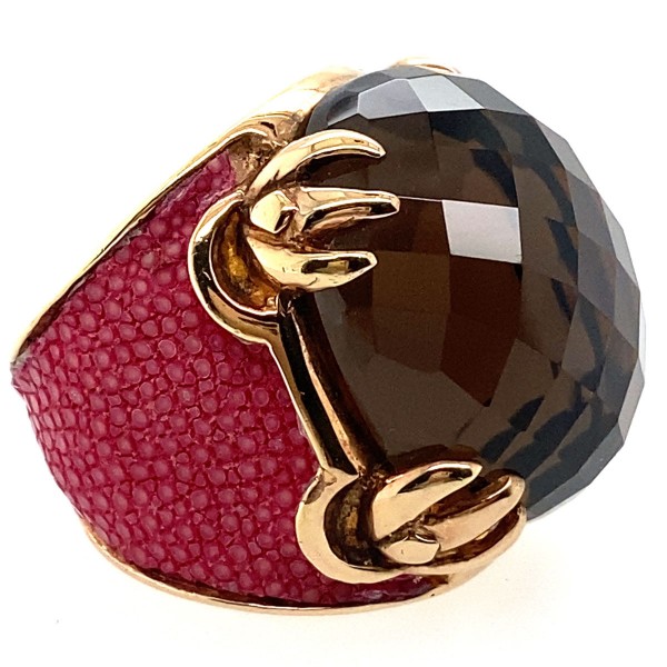 Silver ring gold plated with large faceted smoky quartz and stingray leather in rosso @a-cuckoo-moment