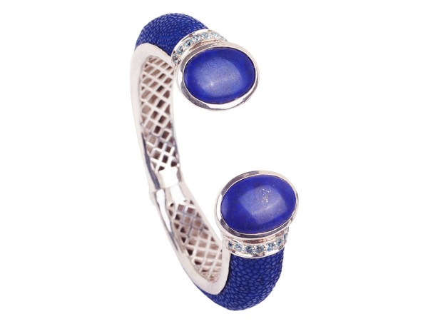 Bolero silver bangle with hinge, 2 blue lapis lazuli and 19 small Swiss Topaz gemstones
