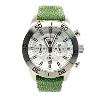 Chronograph Uhr aus silbernem Edelstahl und weißem Ziffernblatt Rochenlederarmband celadon a-cuckoo-moment