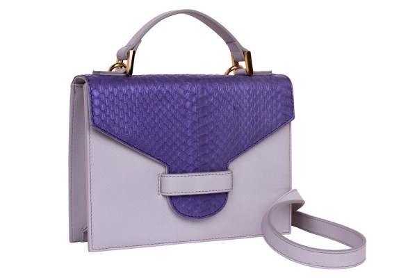Suzy small cross body suitcase bag made of napa and snake leather in lavendel metallic