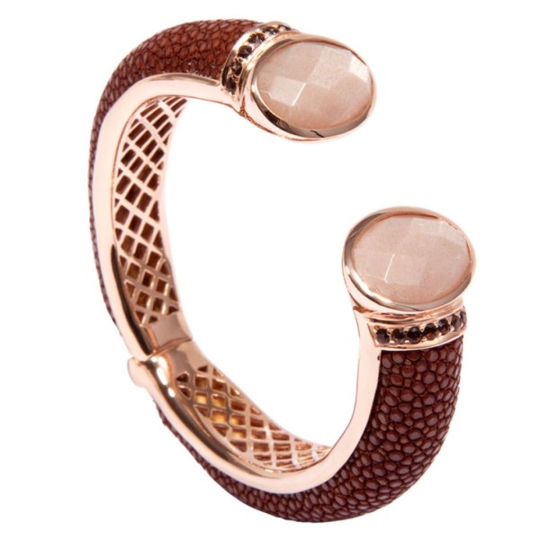 Sterling Silver Bolero Bangle with Hinge, Peach Colored Moonstones and Stingray Leather